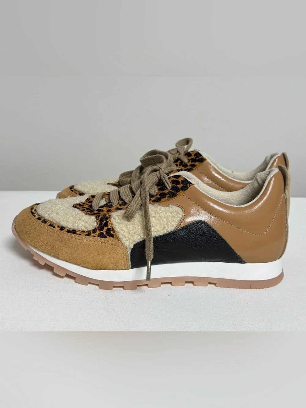 Yosi Samra Paige Tan Leather Sherpa Leopard Mix Crossover Sneakers